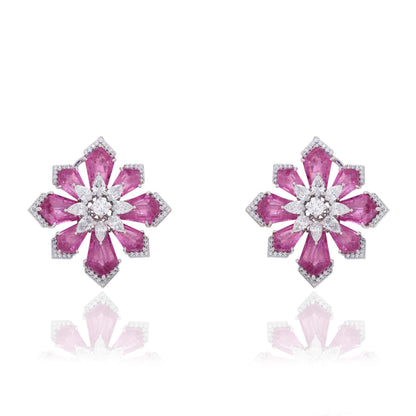 Pink Gemstone Floral Diamond Earrings