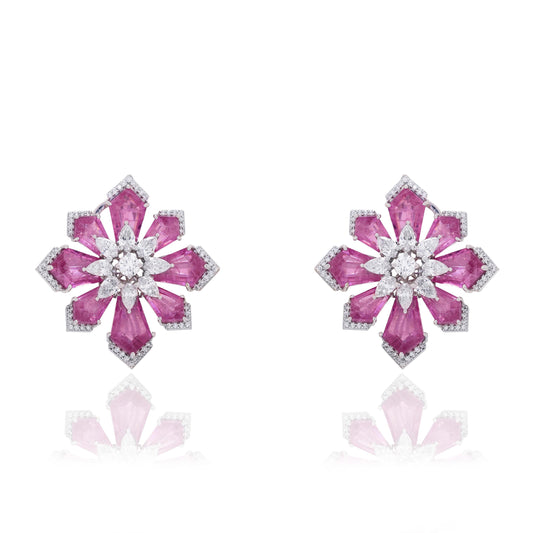 Pink Gemstone Floral Diamond Earrings
