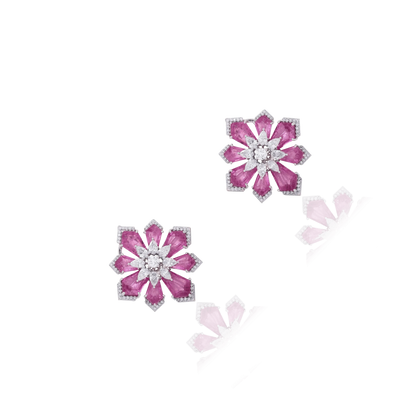 Pink Gemstone Floral Diamond Earrings