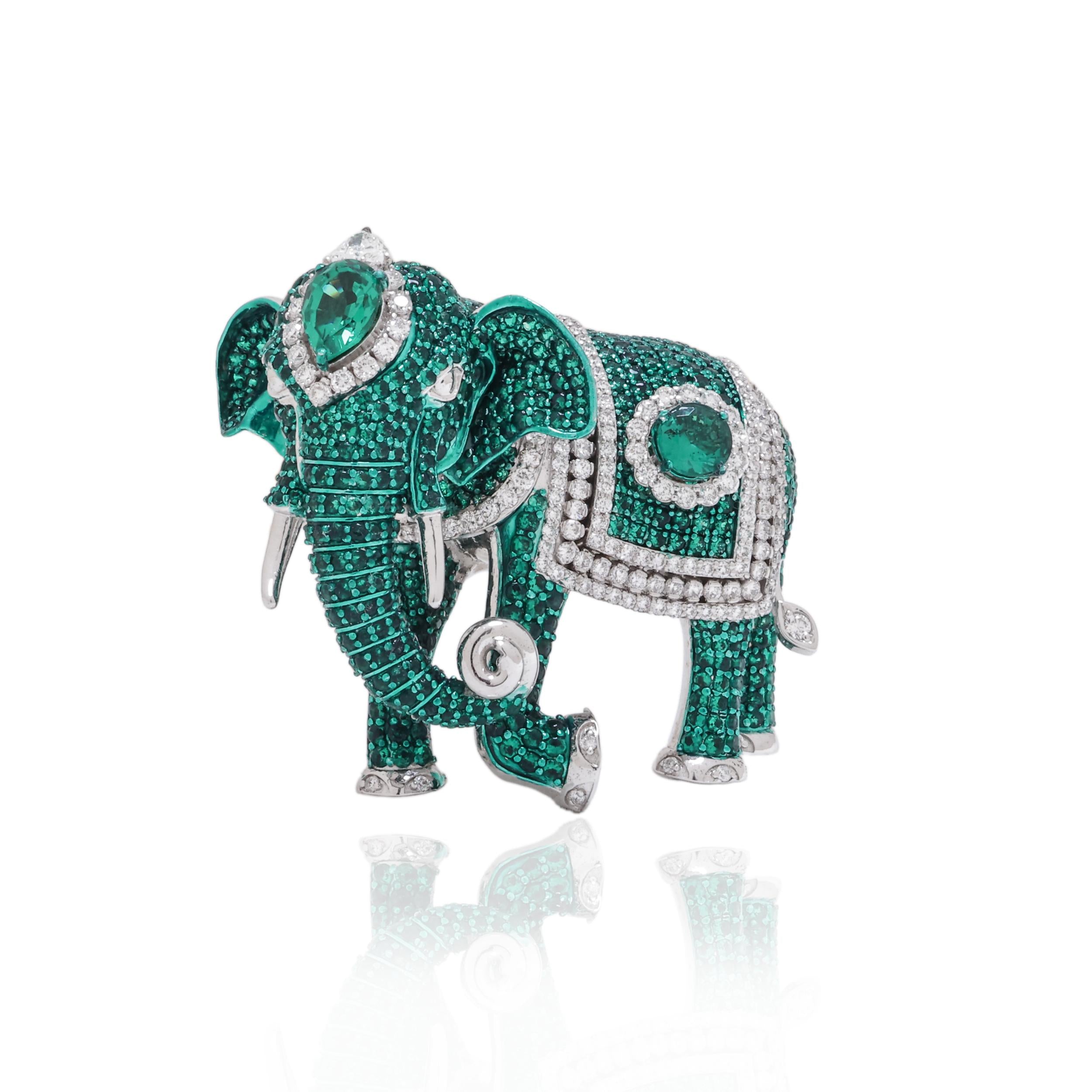 Emerald & Diamond Elephant Brooch