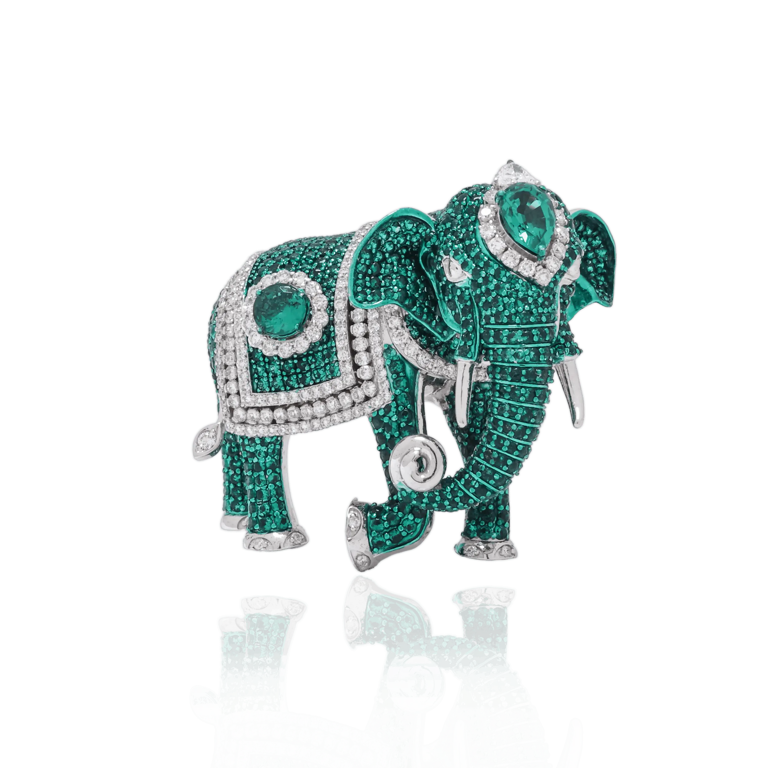 Emerald & Diamond Elephant Brooch