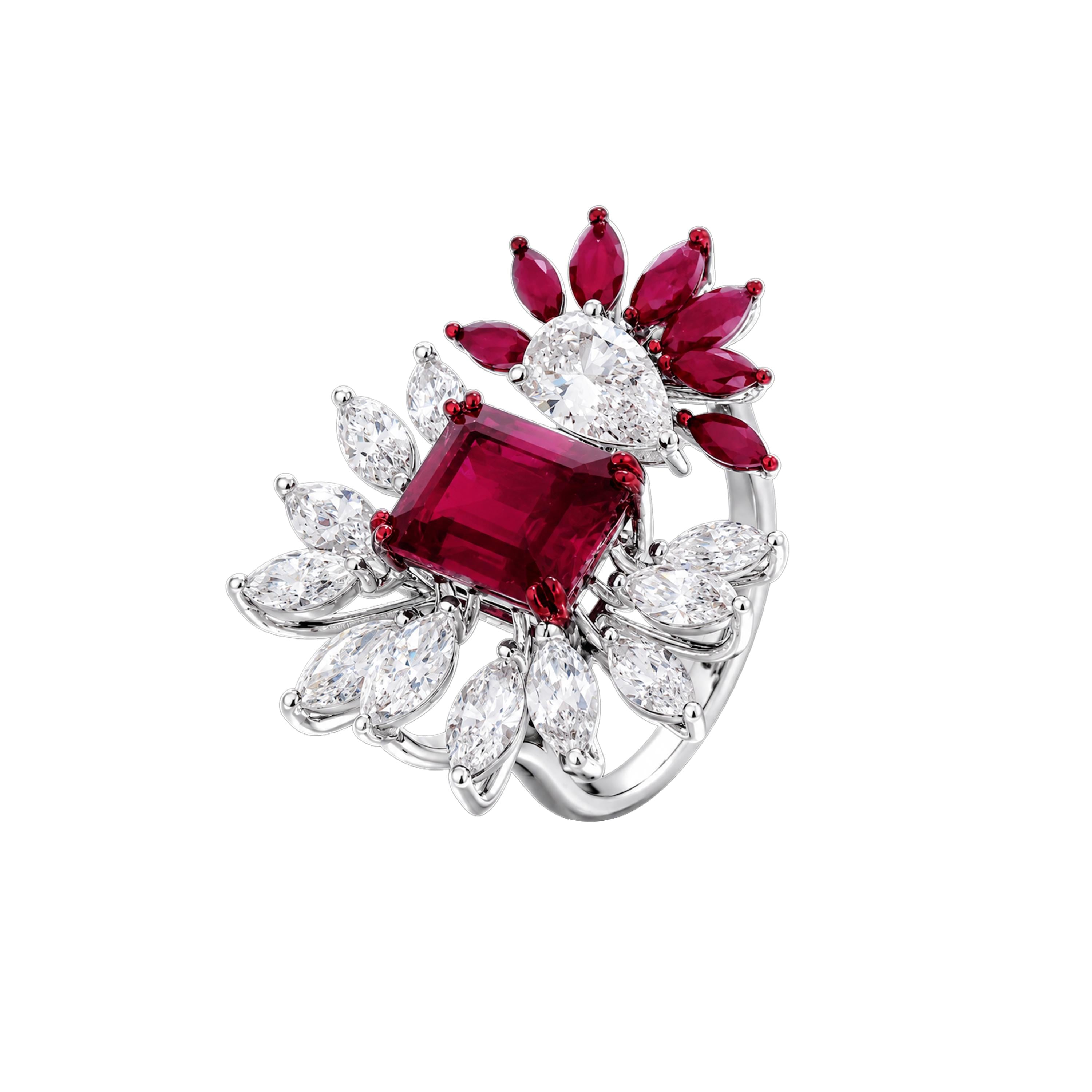 Ruby & Diamond Floral Cluster Ring