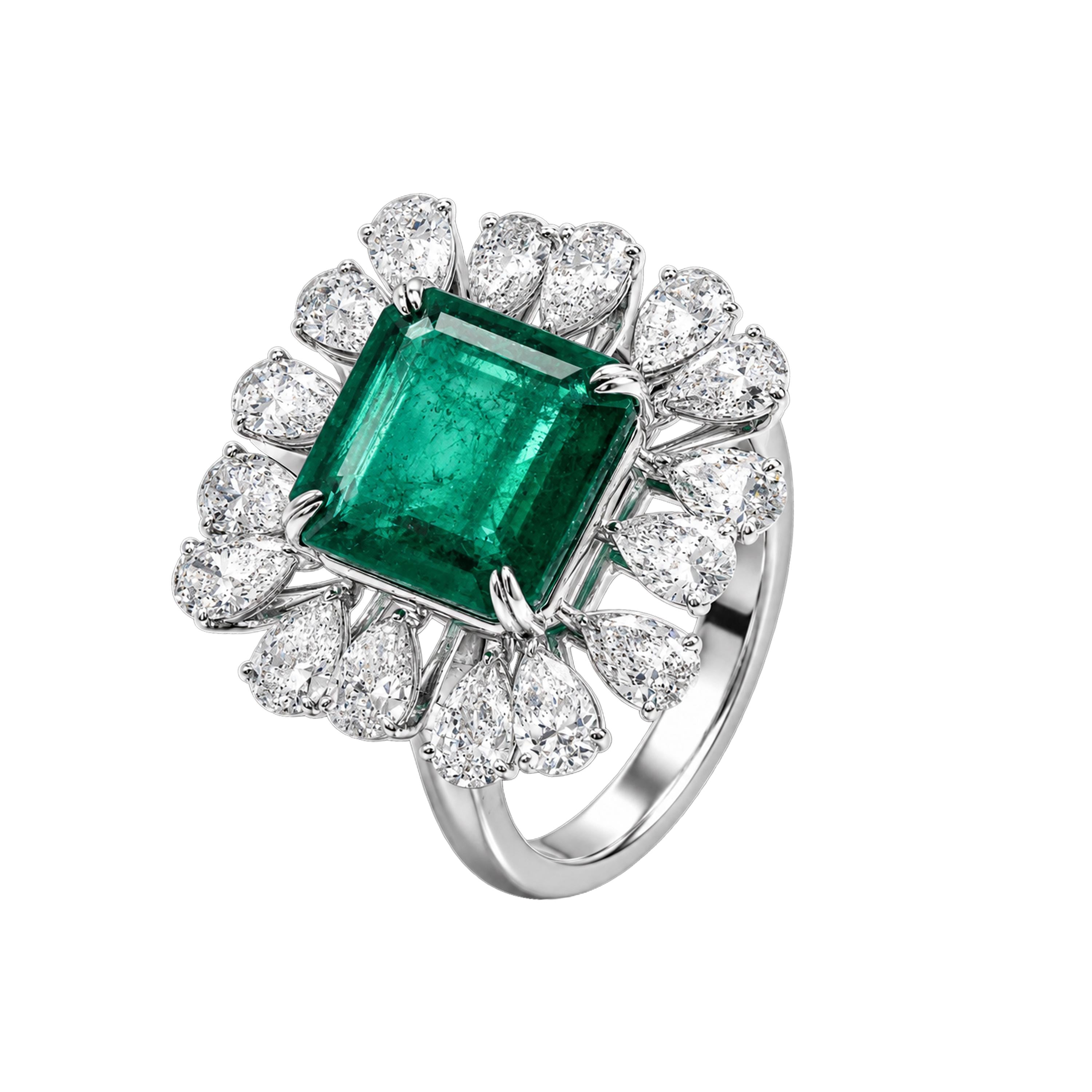 Emerald & Diamond Floral Halo Ring