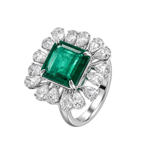 Emerald & Diamond Floral Halo Ring