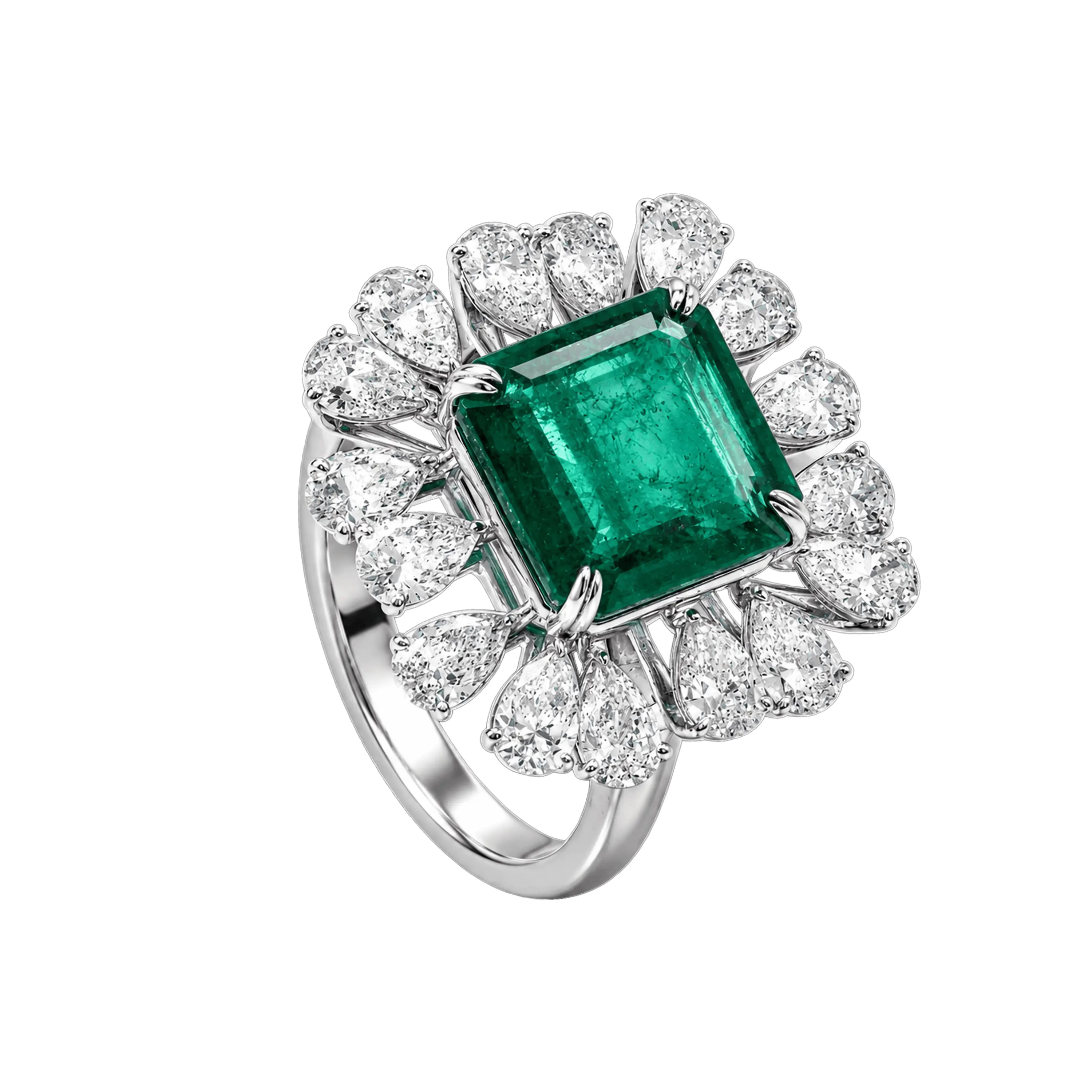 Emerald & Diamond Floral Halo Ring