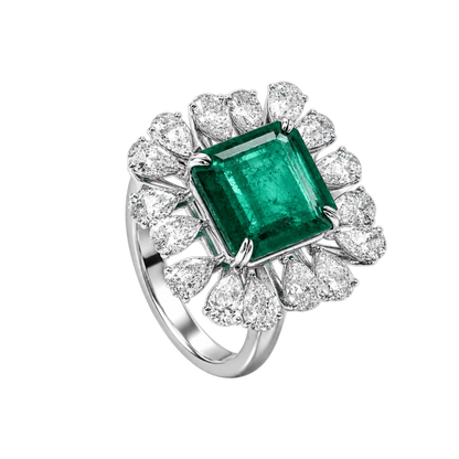 Emerald & Diamond Floral Halo Ring